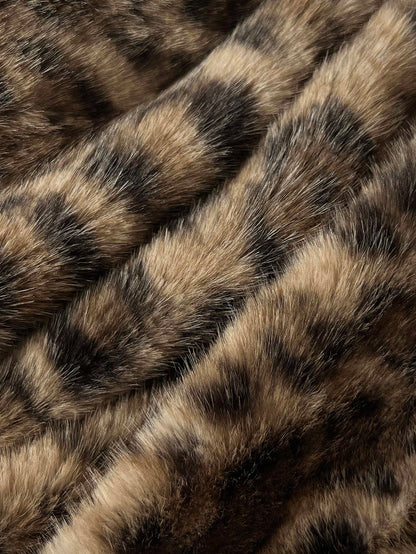 Women's Leopard Fuzzy Faux Fur Collar Zip Hoodie