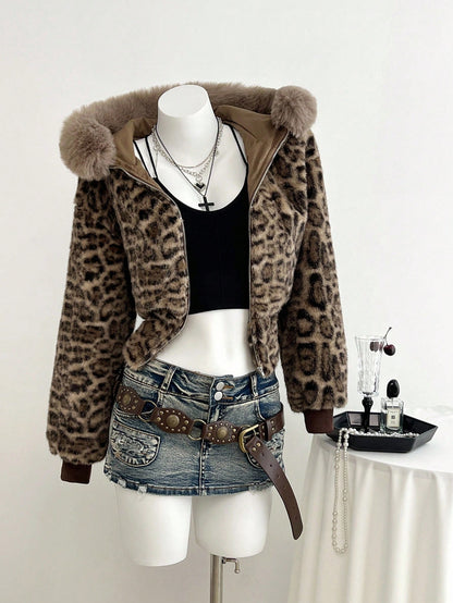 Women's Leopard Fuzzy Faux Fur Collar Zip Hoodie