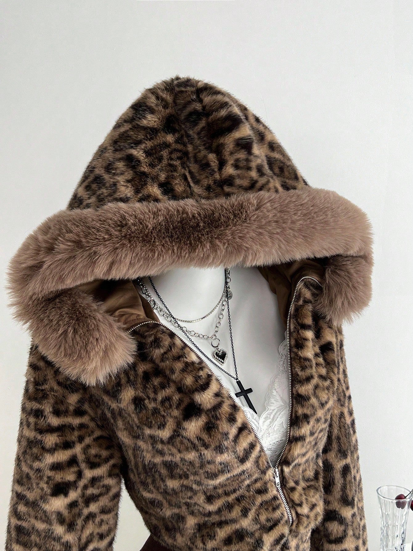 Women's Leopard Fuzzy Faux Fur Collar Zip Hoodie