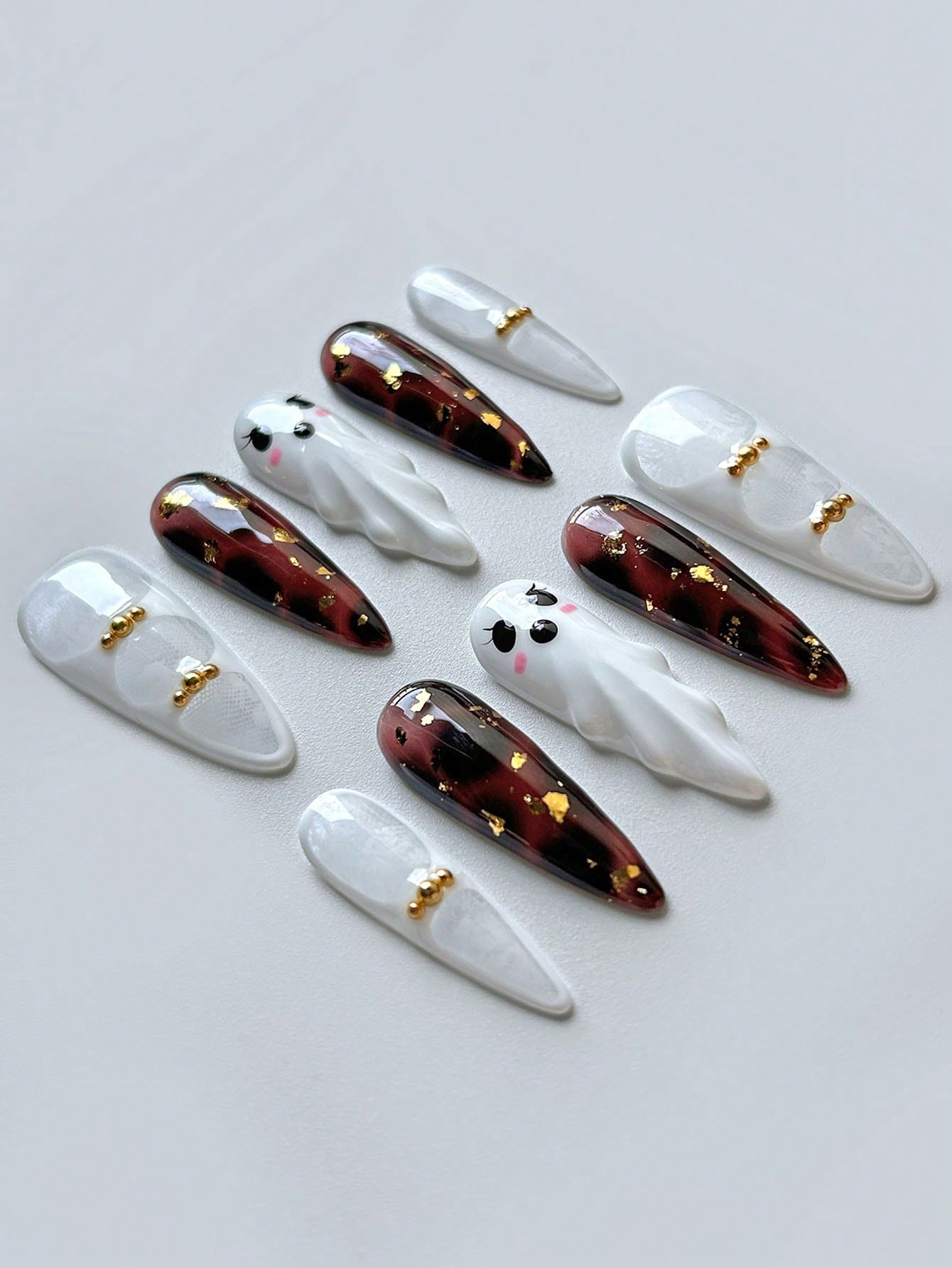 Halloween 3D Ghost Almond Press-On Nails with Amber