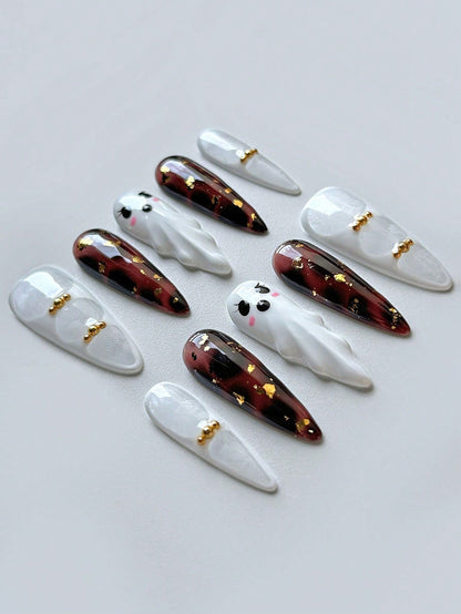 Halloween 3D Ghost Almond Press-On Nails with Amber
