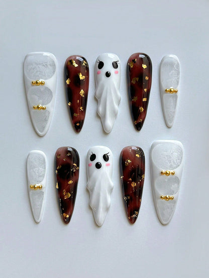 Halloween 3D Ghost Almond Press-On Nails with Amber