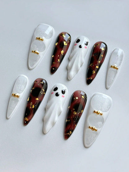Halloween 3D Ghost Almond Press-On Nails with Amber