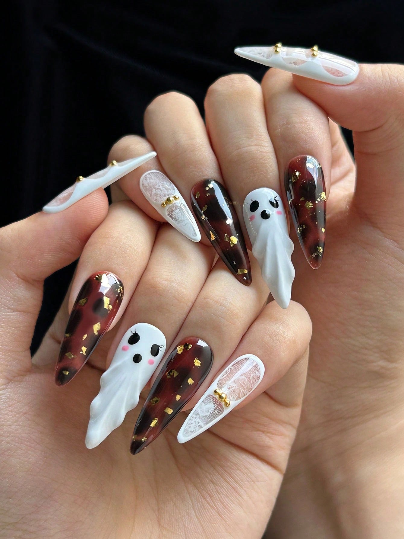 Halloween 3D Ghost Almond Press-On Nails with Amber
