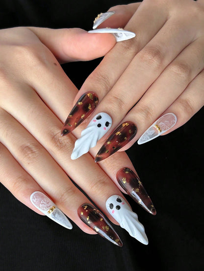 Halloween 3D Ghost Almond Press-On Nails with Amber
