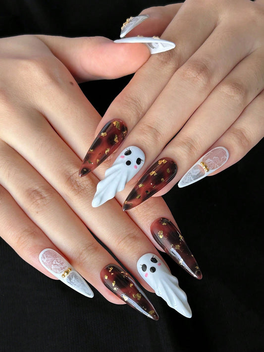 Halloween 3D Ghost Almond Press-On Nails with Amber