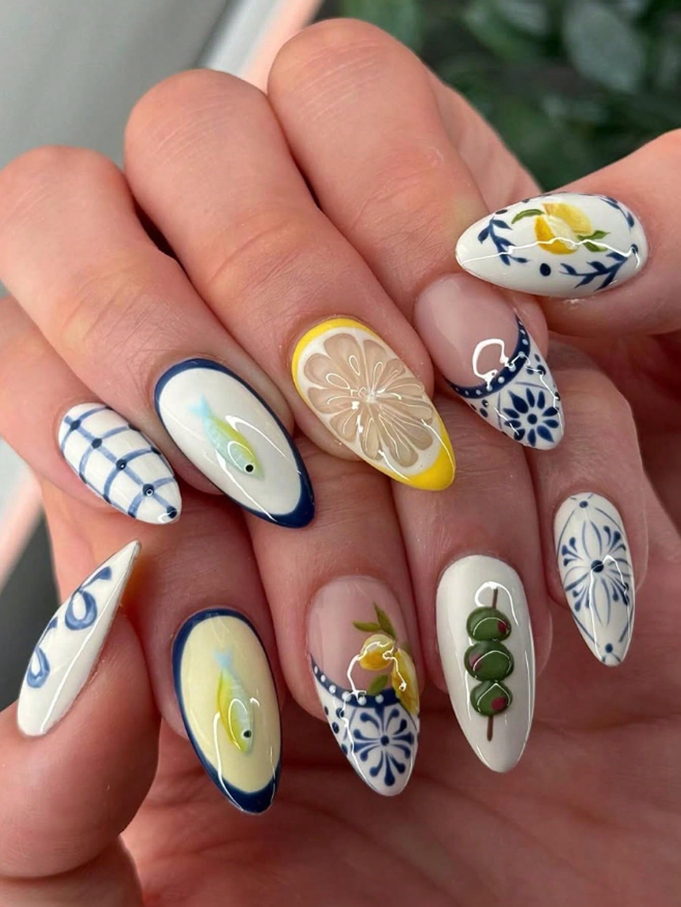 24pcs French Almond 3D Lemon & Blue Plaid Nails