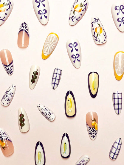 24pcs French Almond 3D Lemon & Blue Plaid Nails
