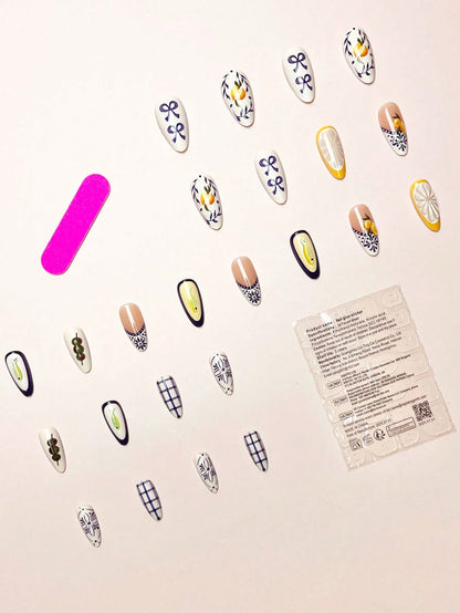 24pcs French Almond 3D Lemon & Blue Plaid Nails