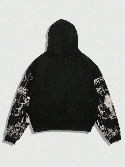 Men Cartoon Letter Graphic Zip Hoodie