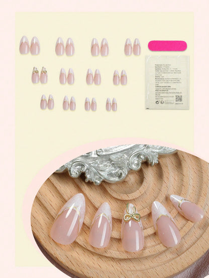 24pcs French Almond Ombre Nails with 3D Gold Bow