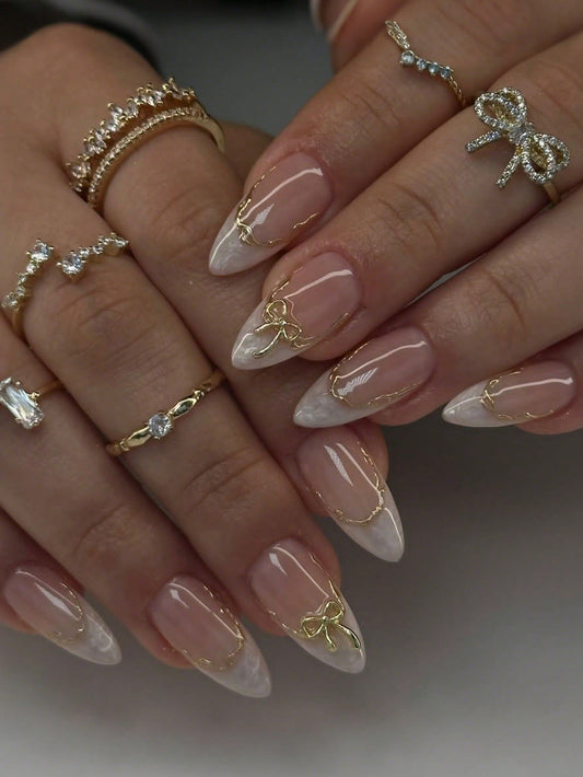 24pcs French Almond Ombre Nails with 3D Gold Bow