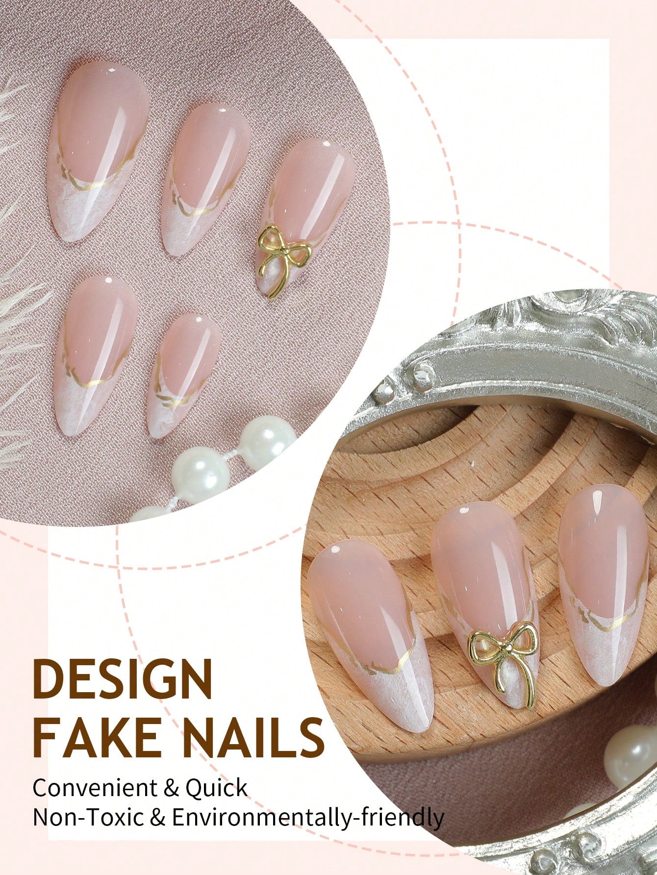 24pcs French Almond Ombre Nails with 3D Gold Bow