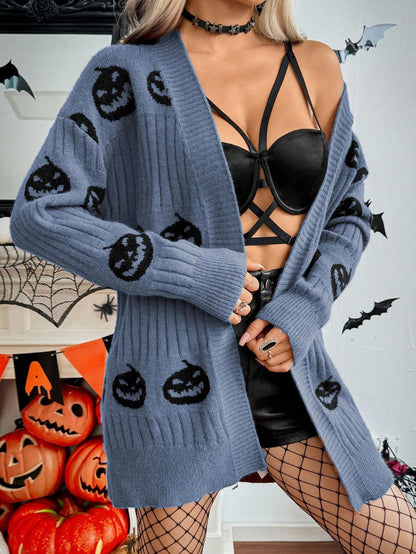 Halloween Casual Pumpkin Pattern Knit Cardigan