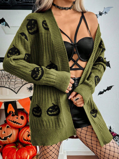 Halloween Casual Pumpkin Pattern Knit Cardigan