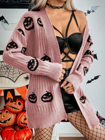 Halloween Casual Pumpkin Pattern Knit Cardigan