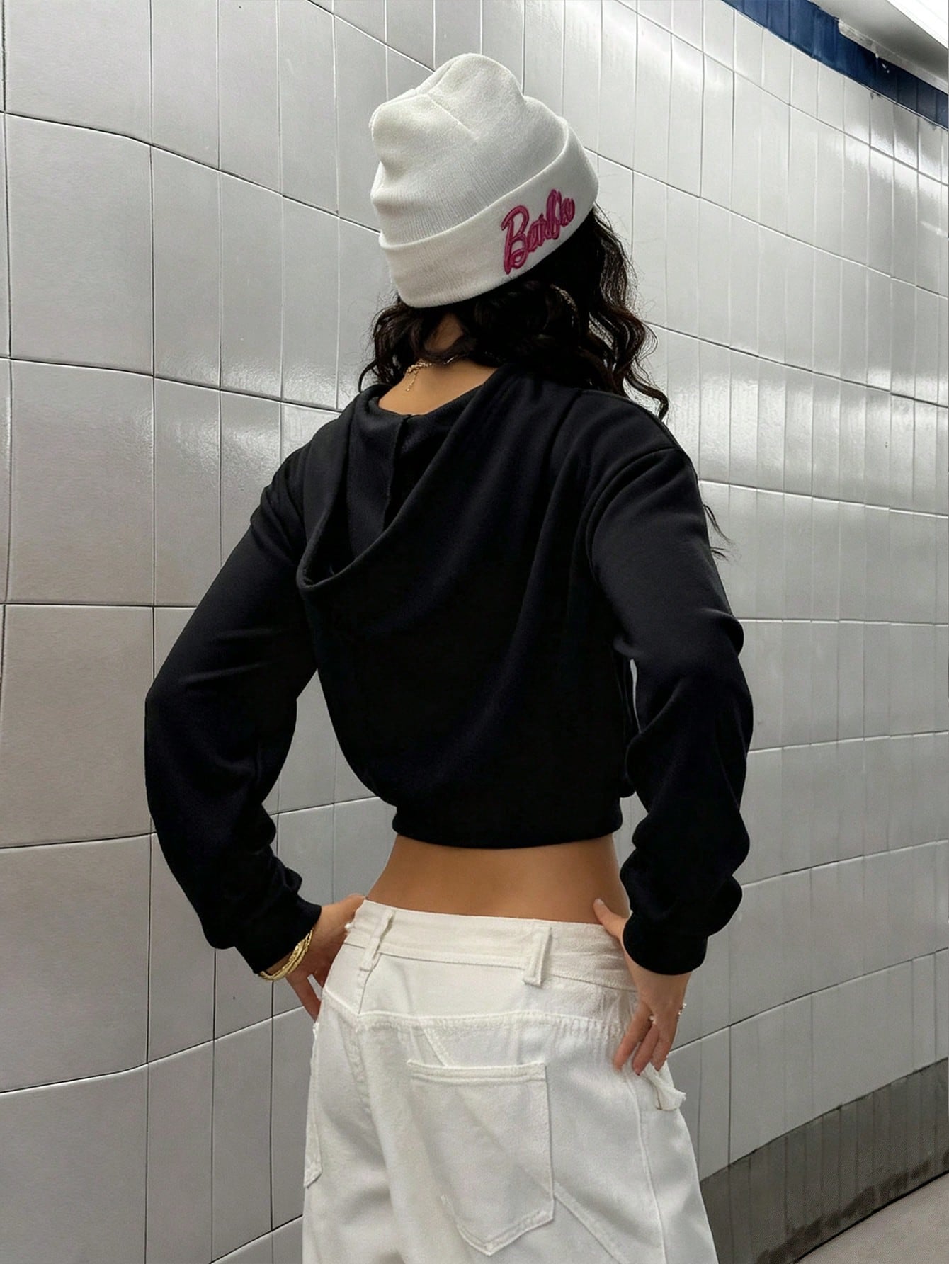 Women's Korean Loose Rhinestone Crop Zip Hoodie