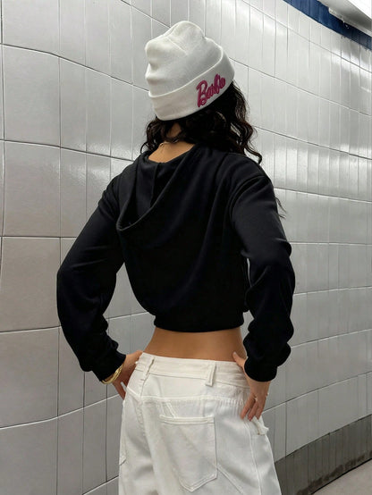 Women's Korean Loose Rhinestone Crop Zip Hoodie