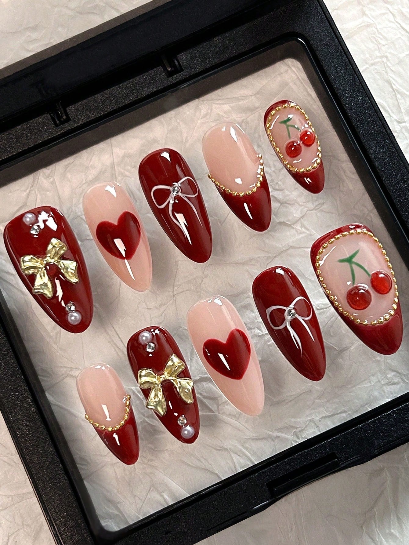 3D Cherry & Bow Red Almond Press-On Nails