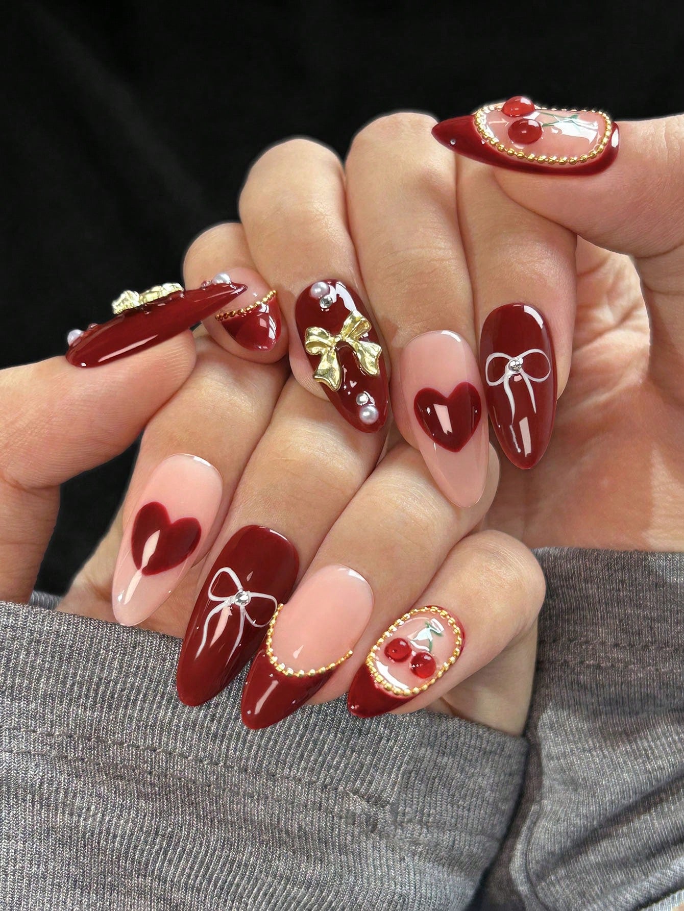 3D Cherry & Bow Red Almond Press-On Nails