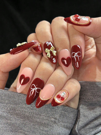3D Cherry & Bow Red Almond Press-On Nails