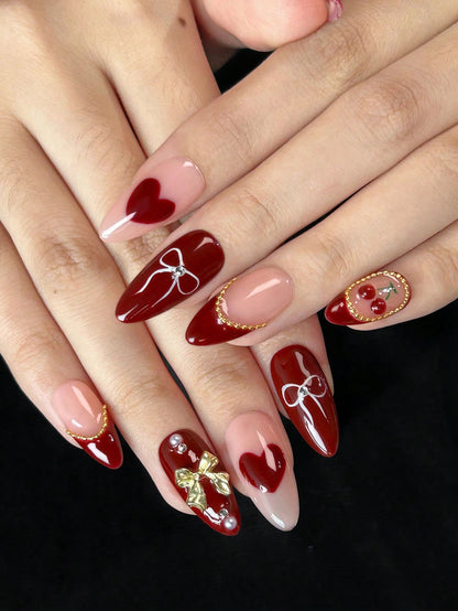 3D Cherry & Bow Red Almond Press-On Nails