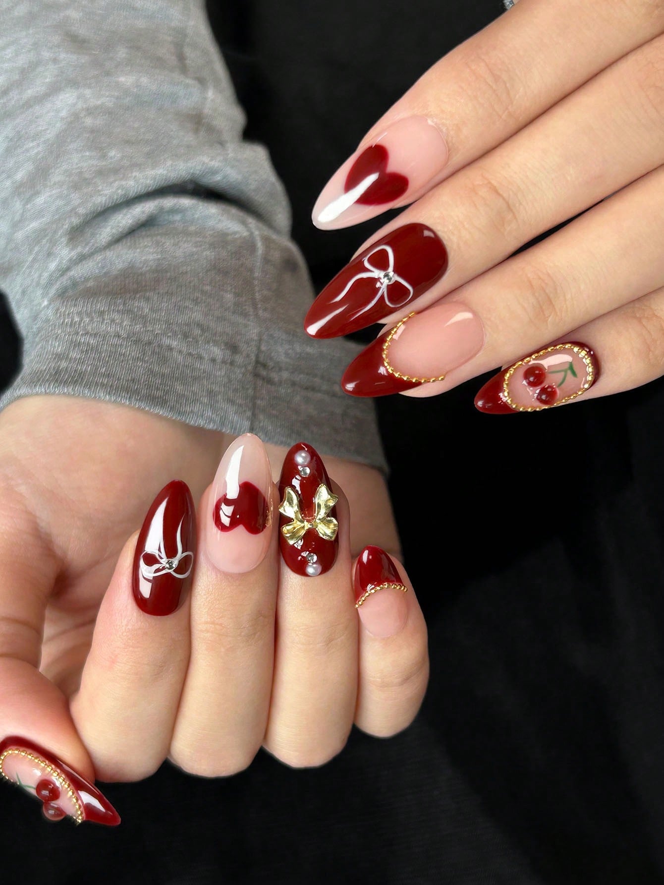 3D Cherry & Bow Red Almond Press-On Nails