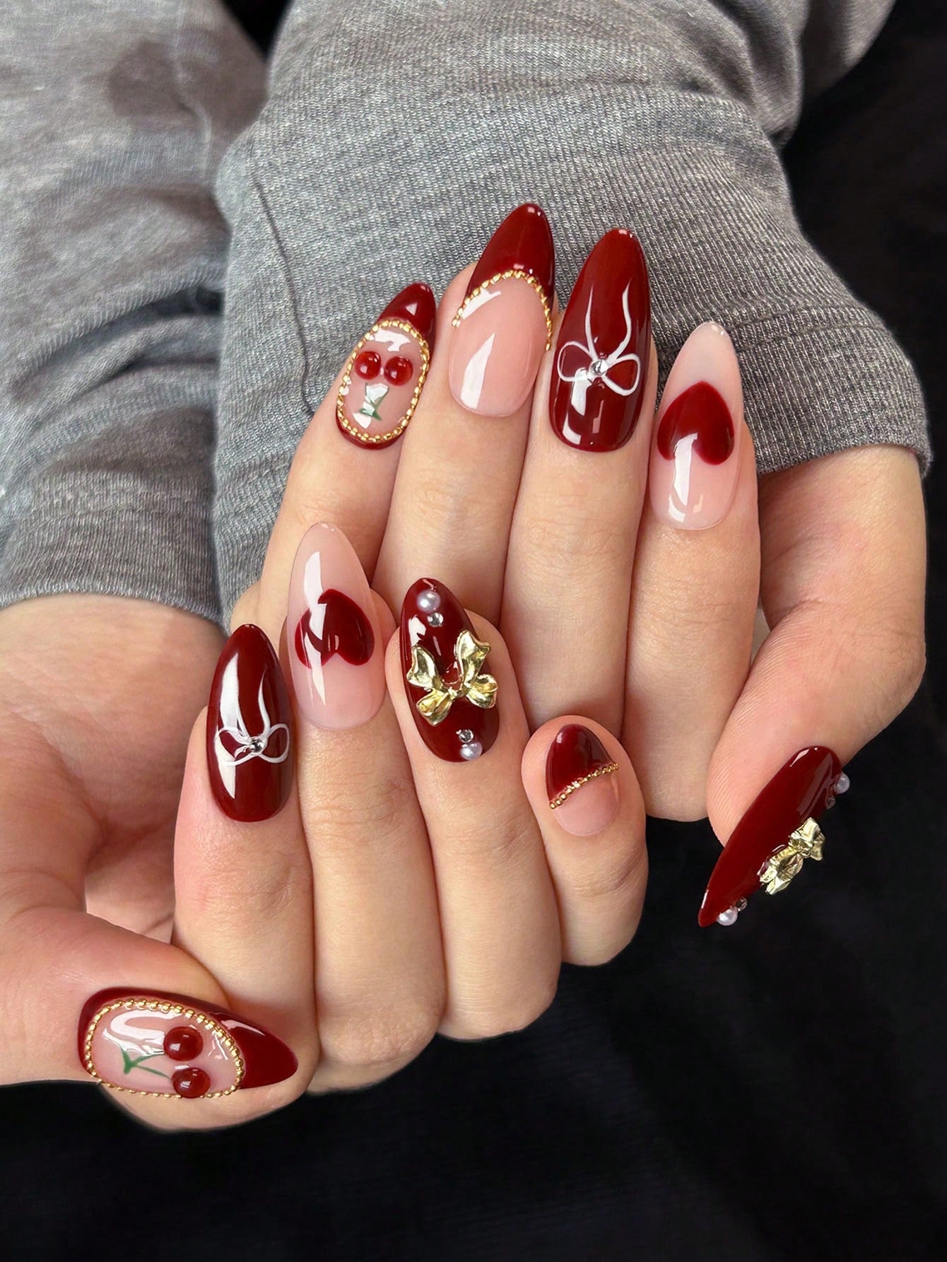 3D Cherry & Bow Red Almond Press-On Nails