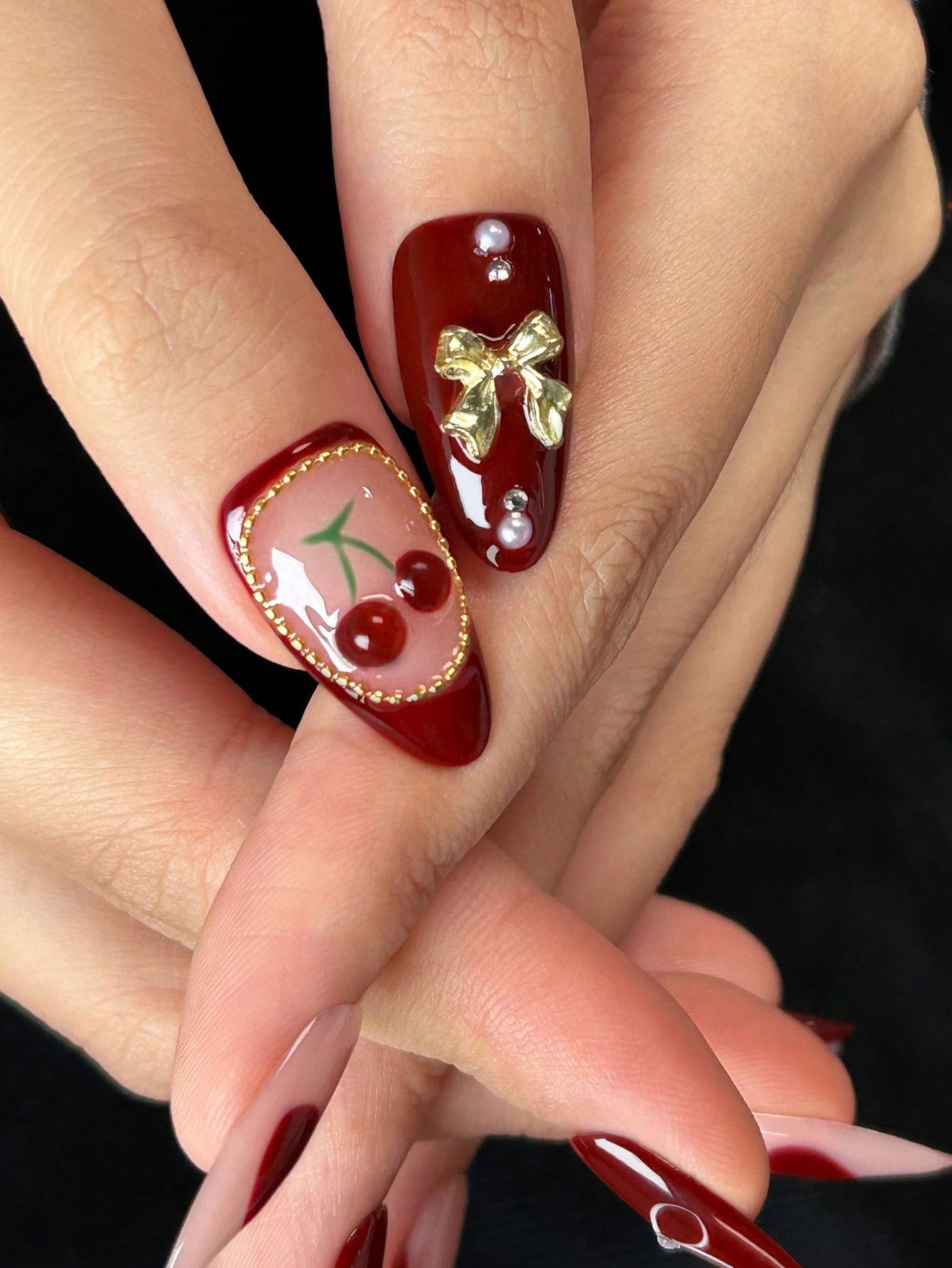 3D Cherry & Bow Red Almond Press-On Nails