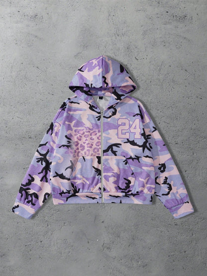 ROMWE Men Loose Zip-Up Camouflage Hoodie