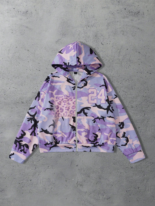 ROMWE Men Loose Zip-Up Camouflage Hoodie