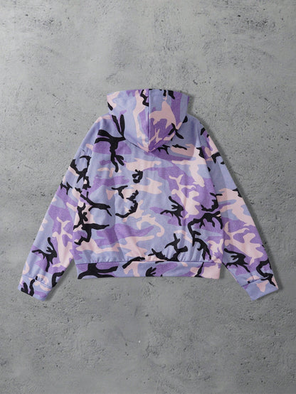 ROMWE Men Loose Zip-Up Camouflage Hoodie