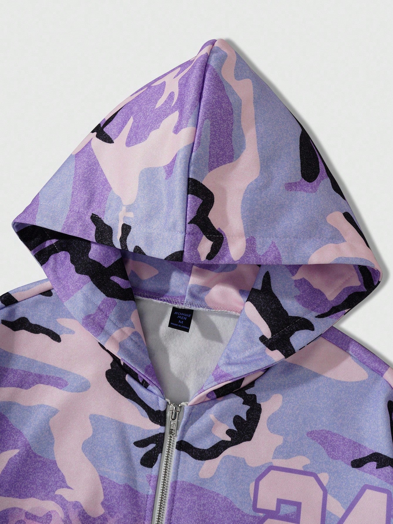 ROMWE Men Loose Zip-Up Camouflage Hoodie