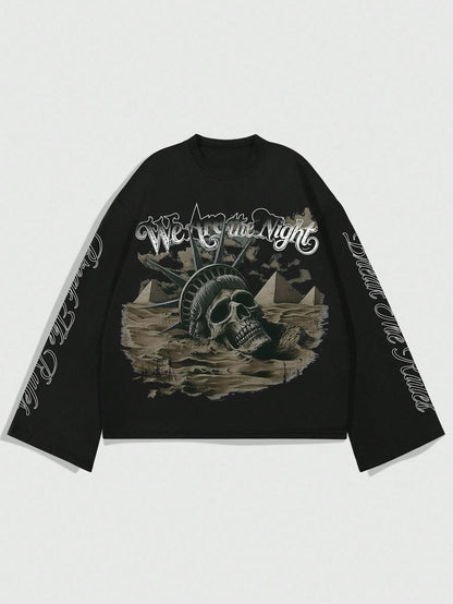Men Creative Skull Graphic Loose Long Sleeve Tee