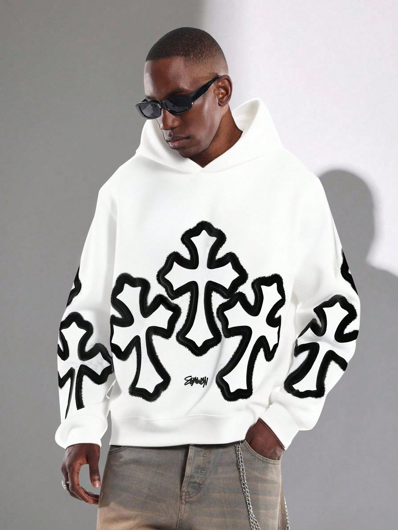 White Cross Graffiti Oversized Pullover Hoodie