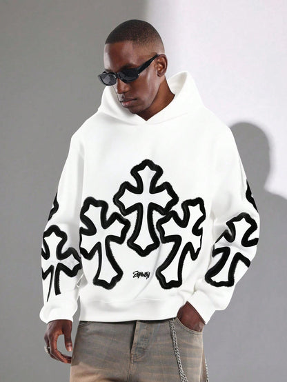 White Cross Graffiti Oversized Pullover Hoodie