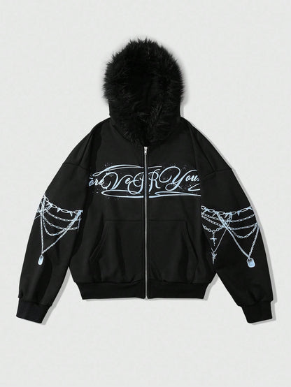 Men Letter Print Fleece Hoodie Sweatshirt