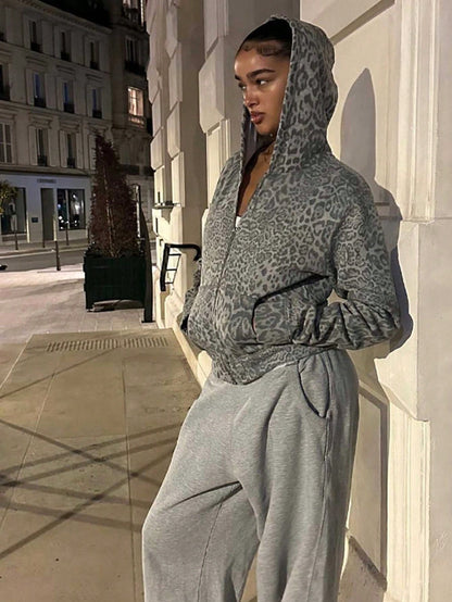Women's Y2K Leopard Print Zip-Up Hoodie Jacket
