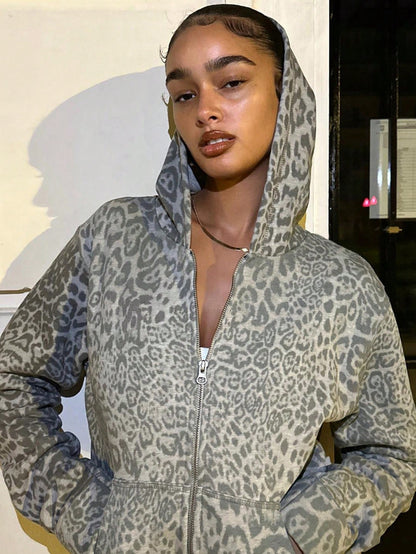 Women's Y2K Leopard Print Zip-Up Hoodie Jacket