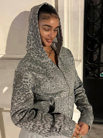 Women's Y2K Leopard Print Zip-Up Hoodie Jacket