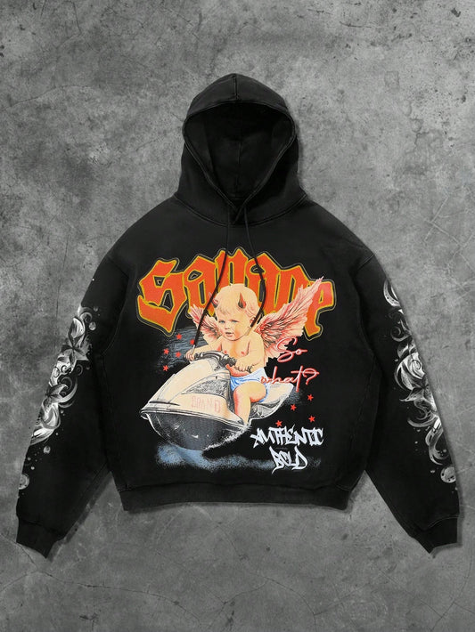Men Speedboat Angel Print Drawstring Hoodie