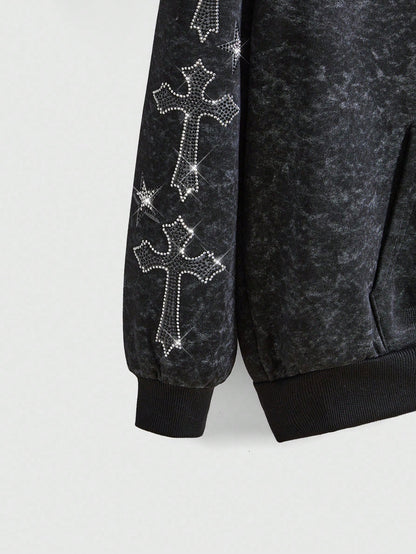 ROMWE Fairycore Distressed Cross Zip Hoodie