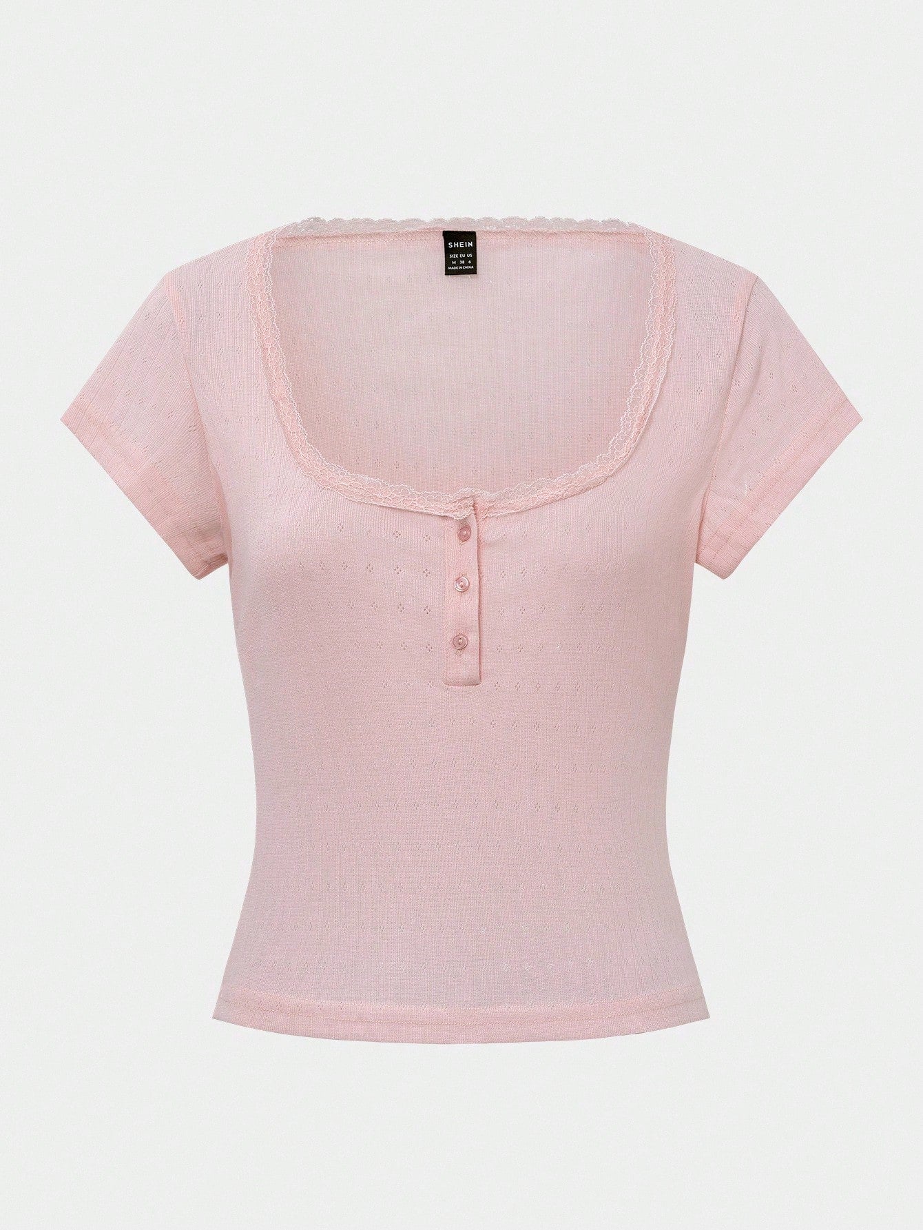 Women’s Lace Trim Slim Fit Short Sleeve Button T-Shirt