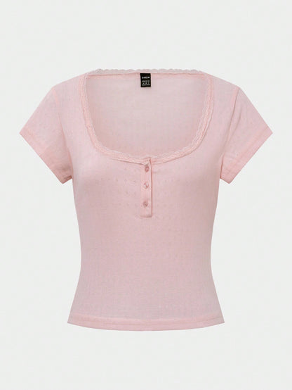Women’s Lace Trim Slim Fit Short Sleeve Button T-Shirt