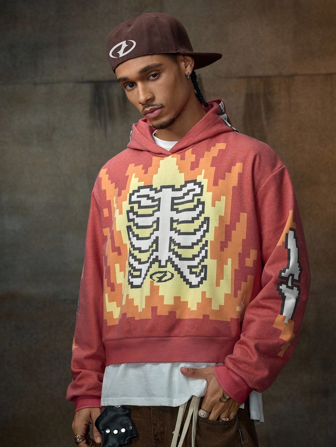 Men's Skeleton Flame Print Loose Hoodie