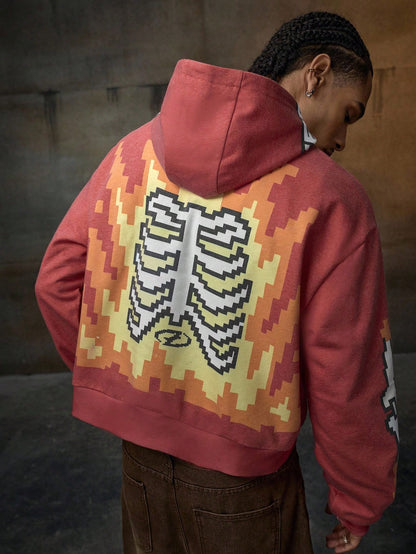 Men's Skeleton Flame Print Loose Hoodie
