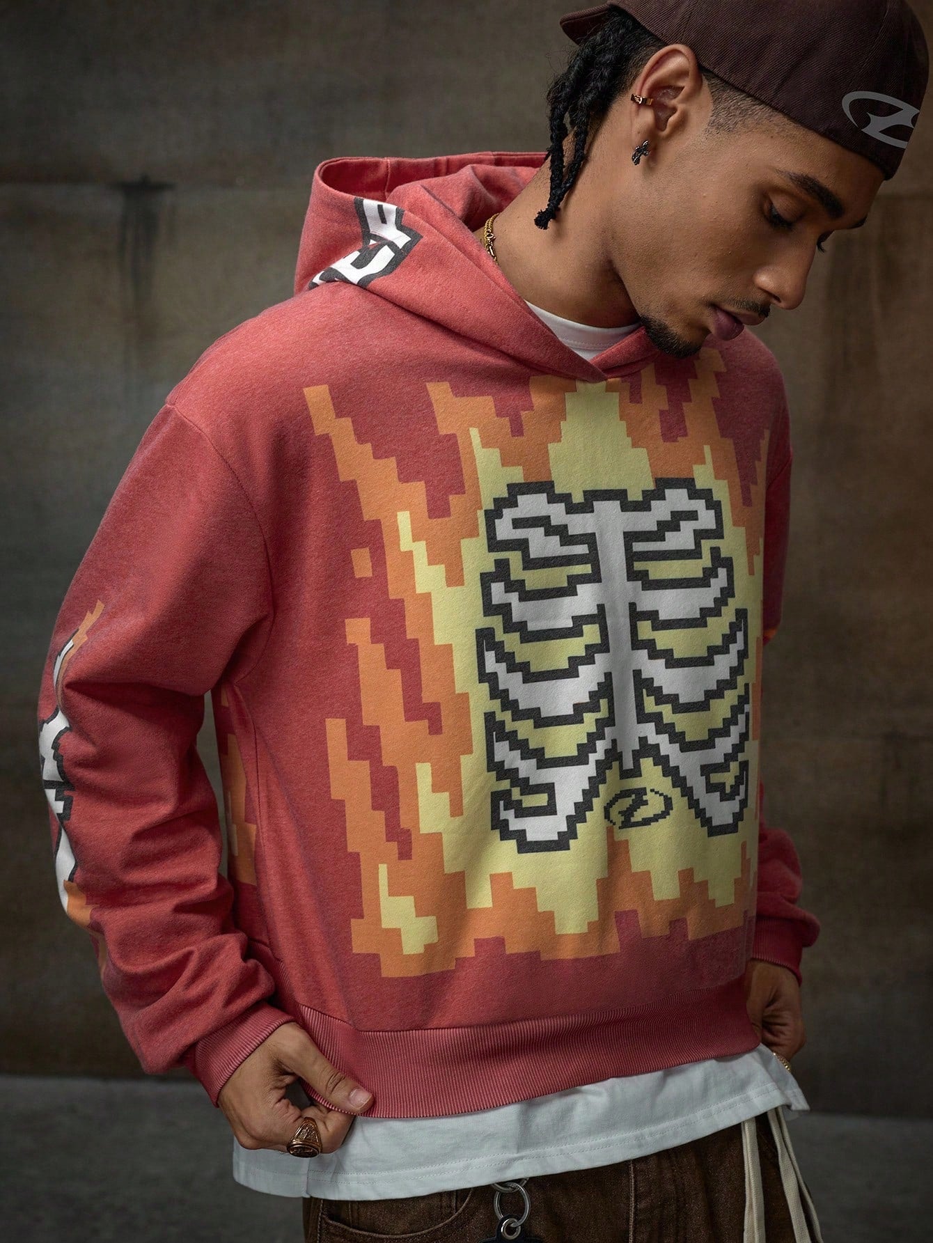 Men's Skeleton Flame Print Loose Hoodie