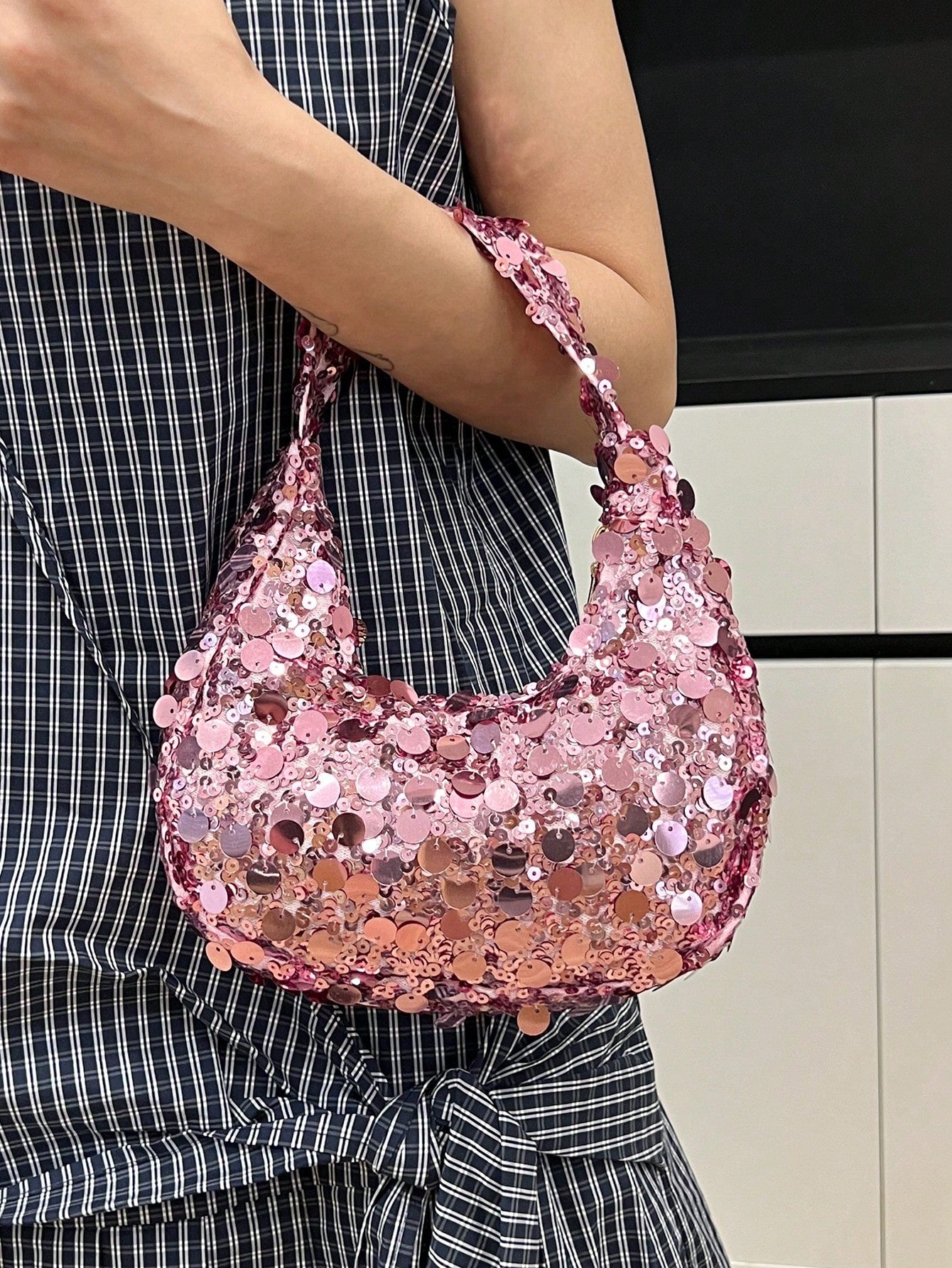 Quilted Sequin Crescent Evening Handbag Party Clutch