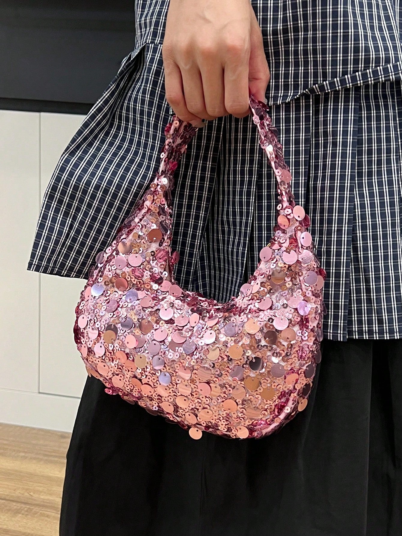 Quilted Sequin Crescent Evening Handbag Party Clutch