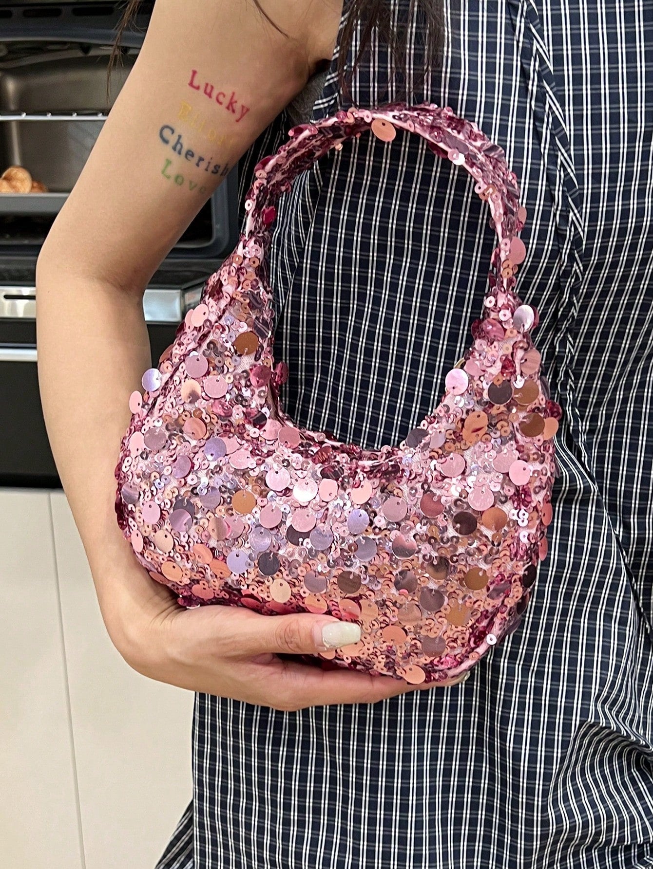 Quilted Sequin Crescent Evening Handbag Party Clutch